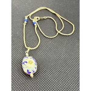 Avon‎ Blue FLORAL CLOISONNE Necklace Double Sided Pendant Goldtone Vintage 17"